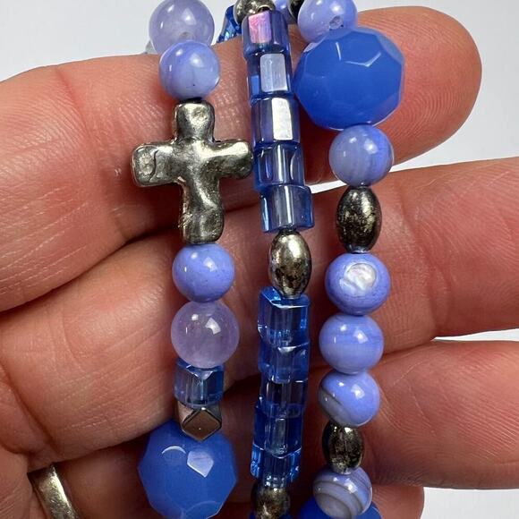 Handmade Beaded Bracelet Trio Periwinkle Blues Silver Cross - Picture 2 of 6